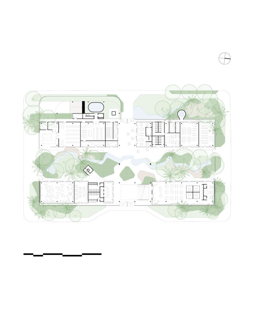 Planta baixa do conjunto da Nova Sede SEBRAE/RO, com as duas lâminas de edifícios e os pátios vegetados entre elas
