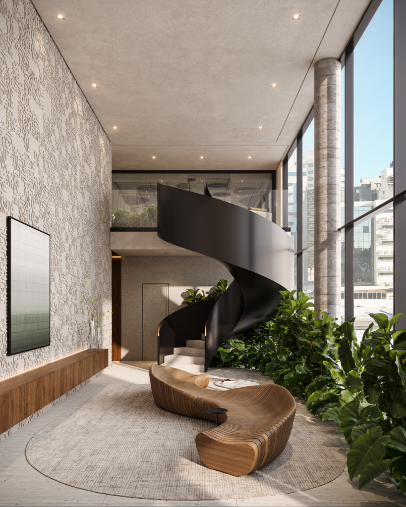 Hall de entrada do Edifício Residencial Cais, com escada em espiral e vegetação