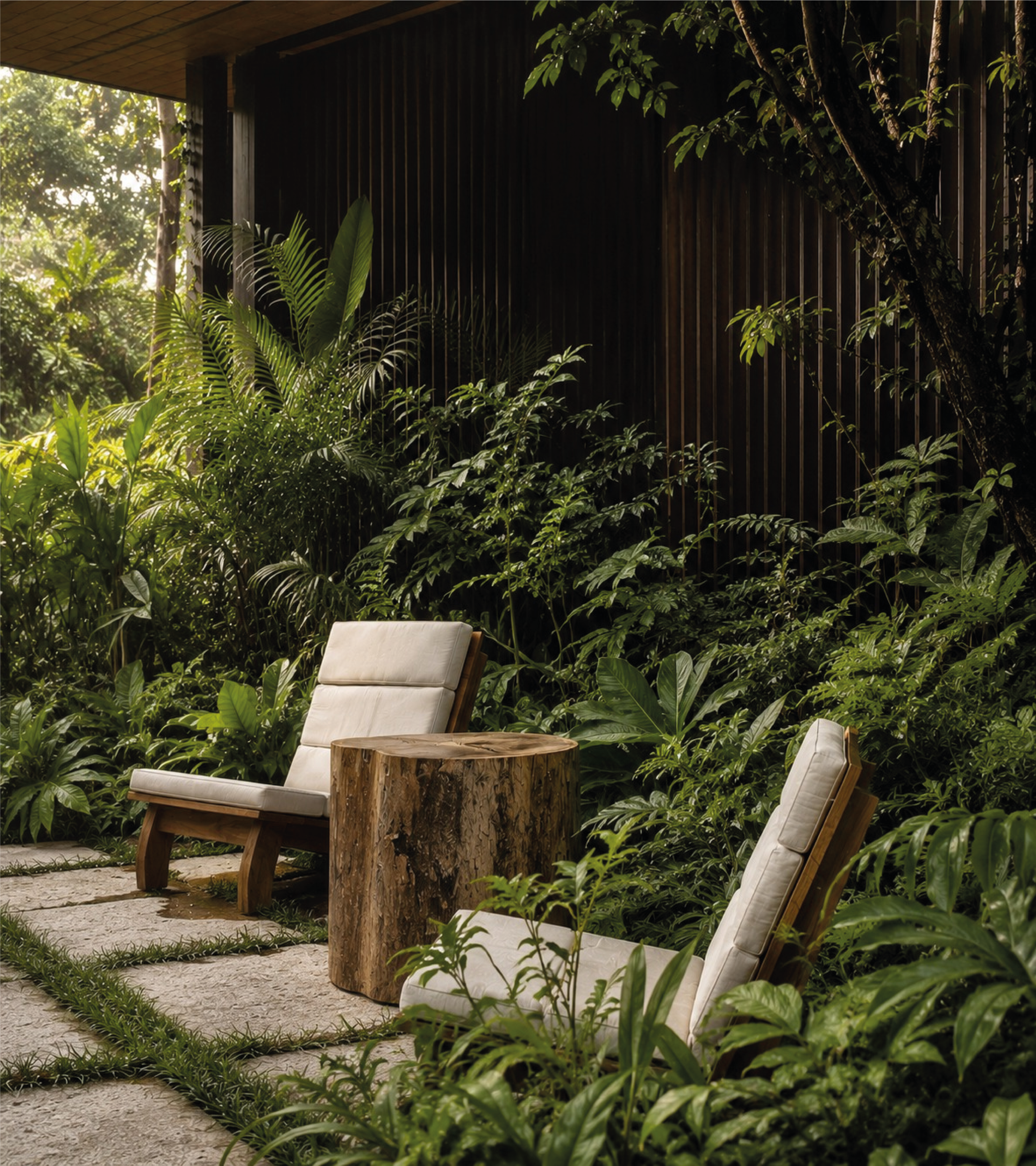 Poltronas de madeira com almofadas brancas em um jardim tropical, ao lado de uma parede de madeira