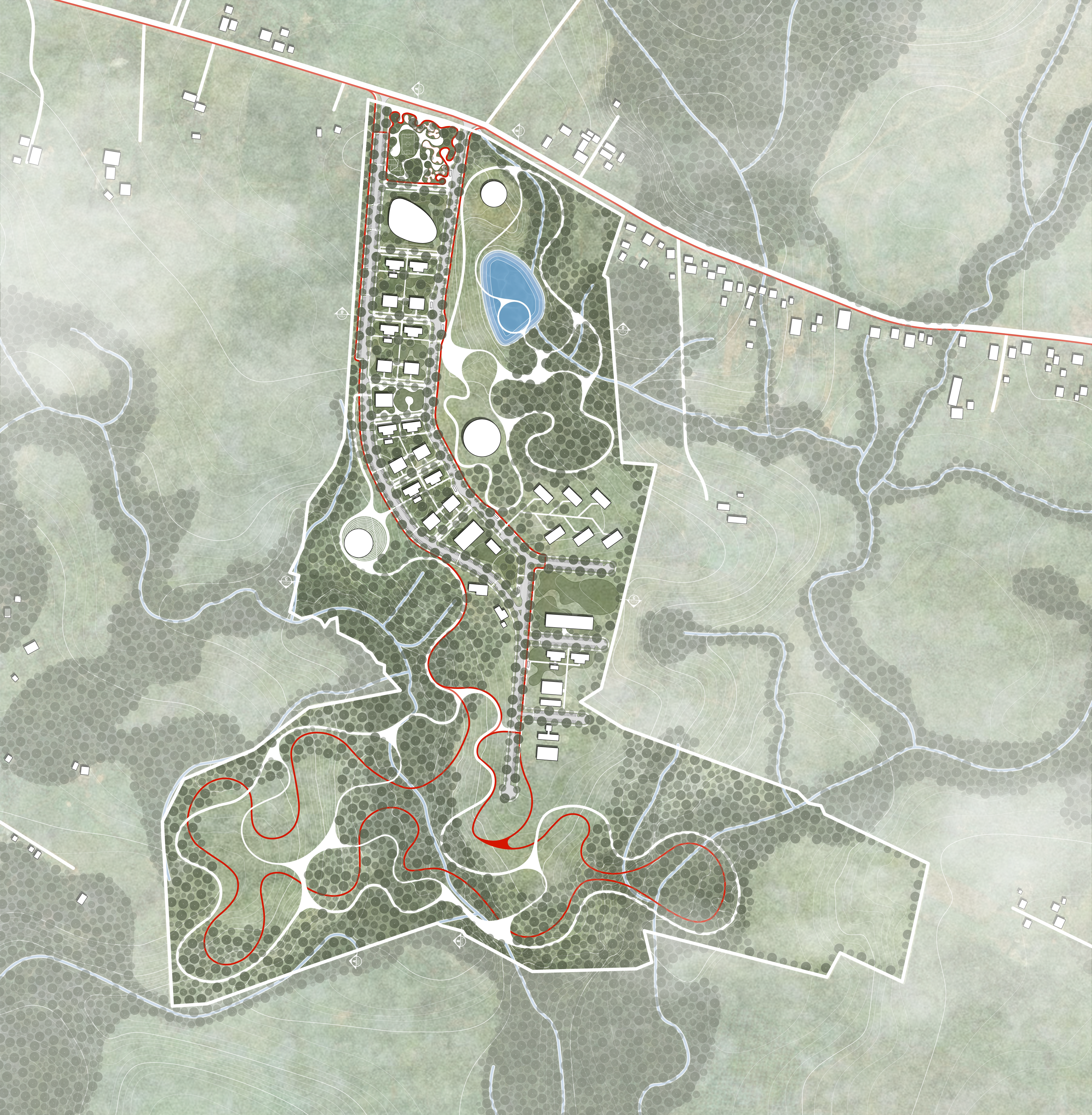 Planta geral de um parque com lago, trilhas e áreas verdes, em vista aérea