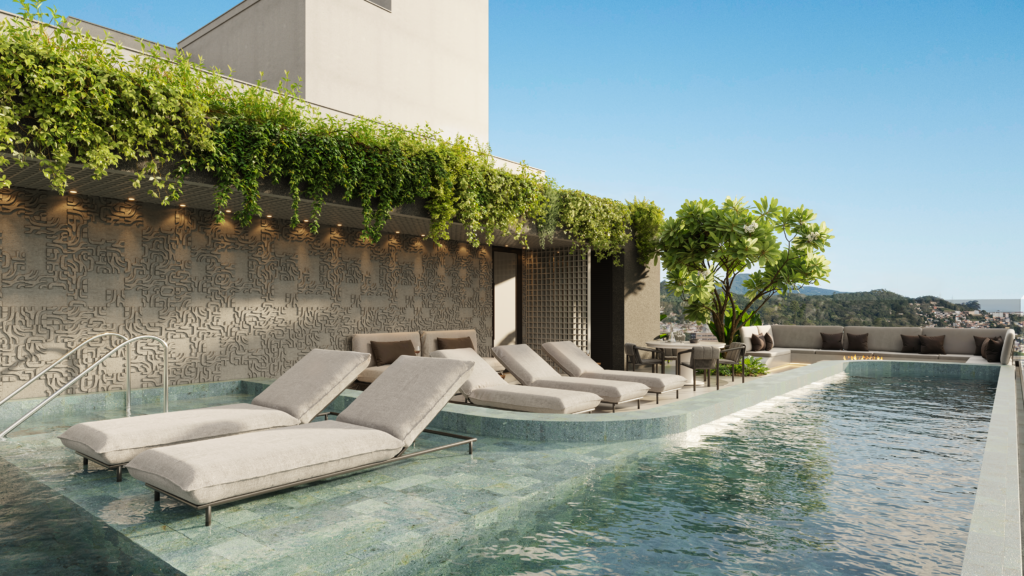 Área de lazer na cobertura do Edifício Residencial Cais com piscina e jardim
