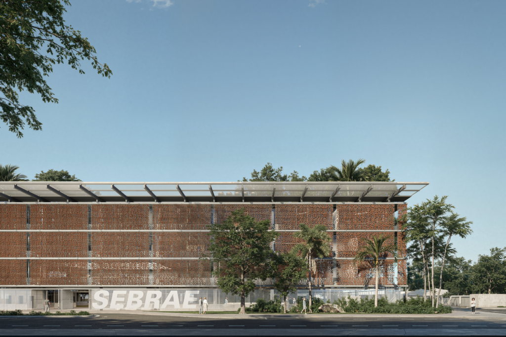 Fachada da Nova Sede SEBRAE/RO, com pele de tijolo vazado e letreiro SEBRAE na base