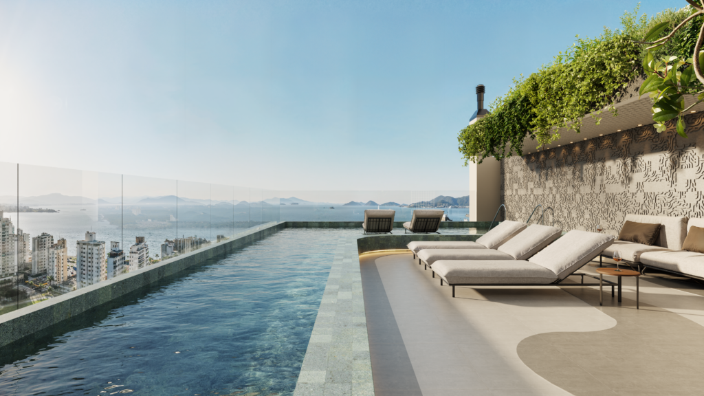 Piscina na cobertura do Edifício Residencial Cais com vista para Florianópolis