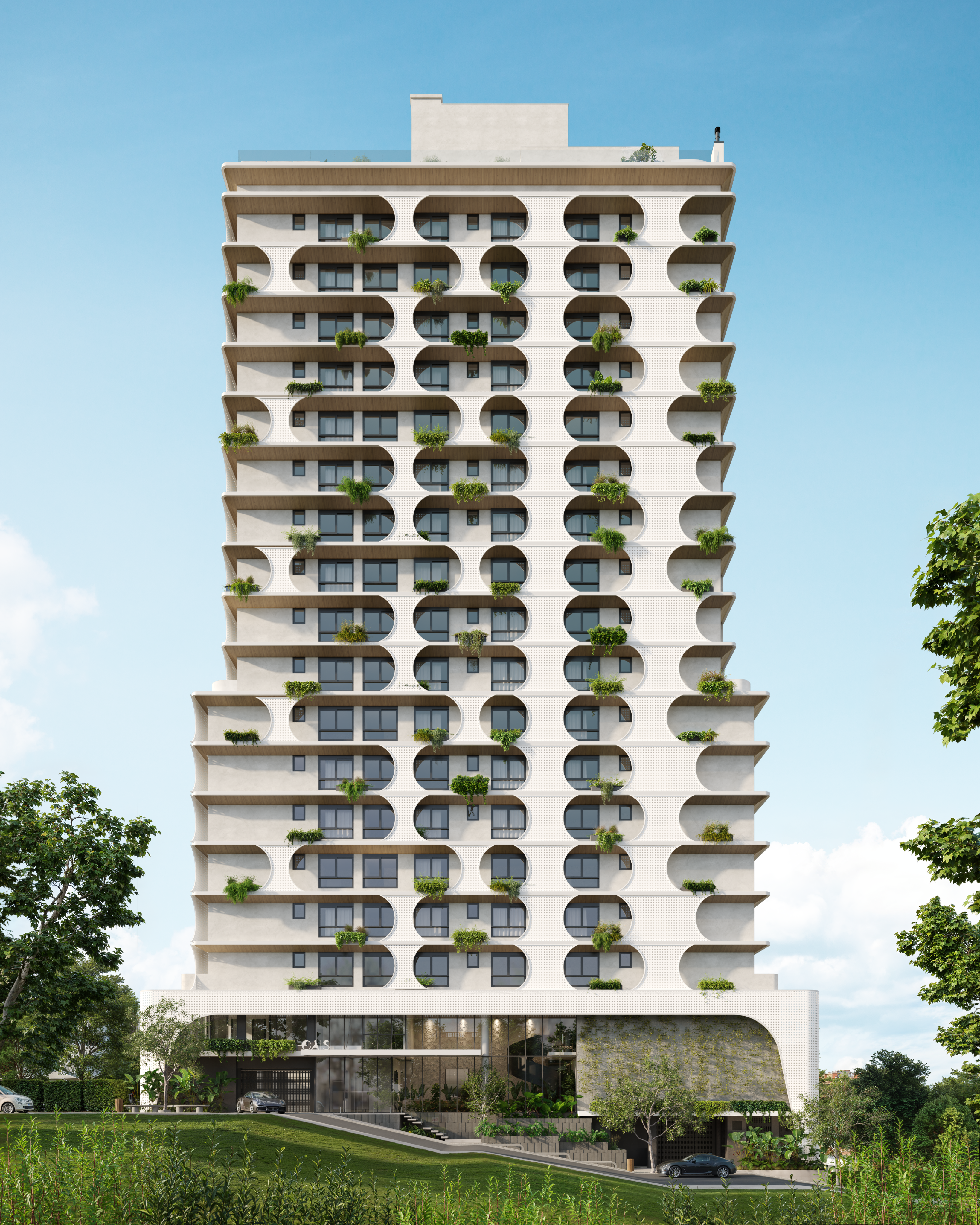 Torre residencial de fachada branca, com varandas arredondadas e jardins nas sacadas